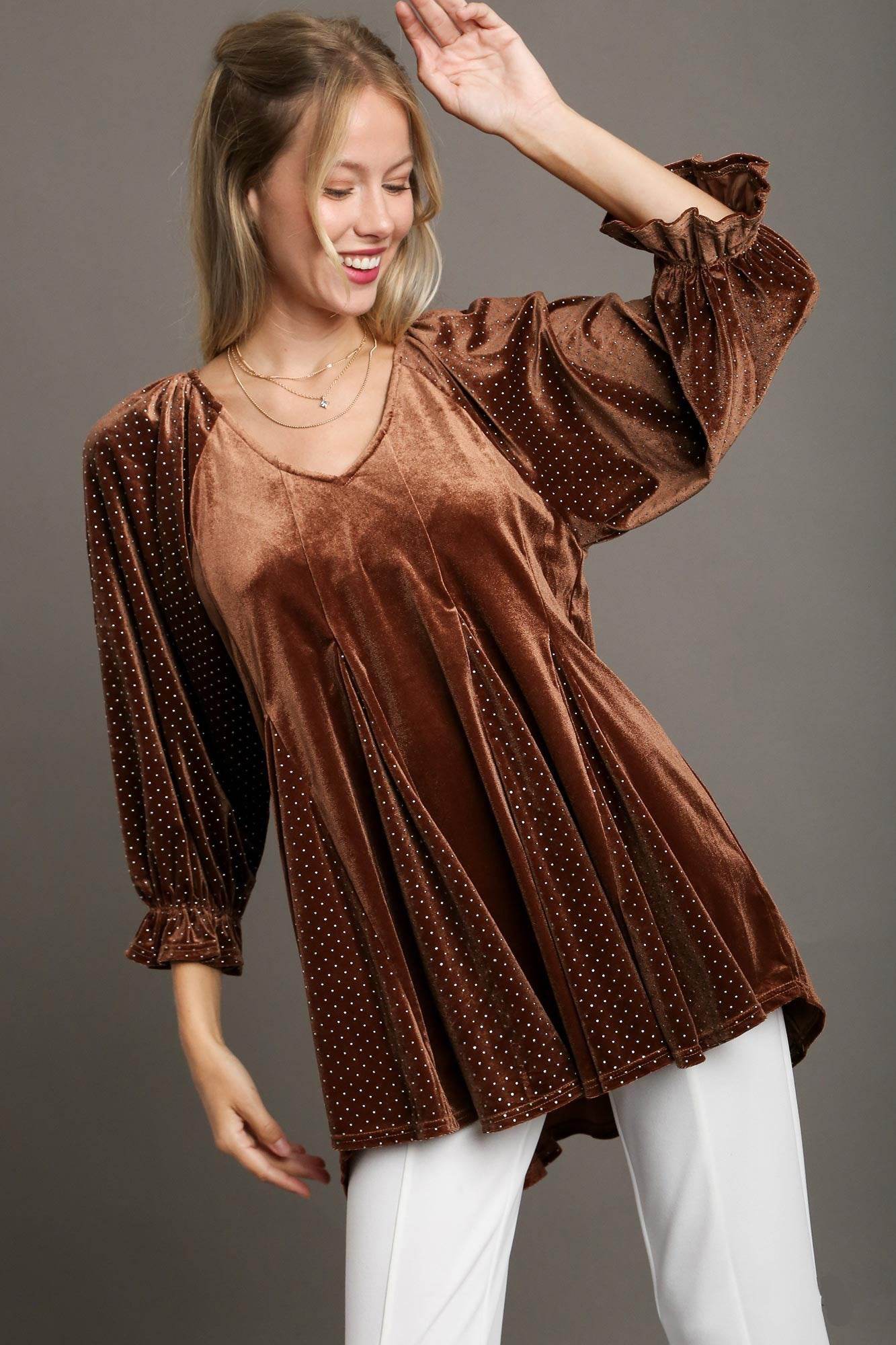 Umgee Godet Hem Polka Dot V-Neck Blouse Brown for a perfect OOTD – dress to impress outfits from Amexza