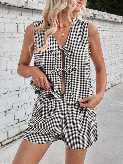 Lovelet Tied Plaid V-Neck Vest and Shorts Set Black for a perfect OOTD – dress to impress outfits from Amexza