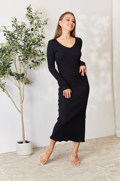 Culture Code Full Size Ribbed Long Sleeve Midi Slit Dress for a perfect OOTD – dress to impress outfits from Amexza