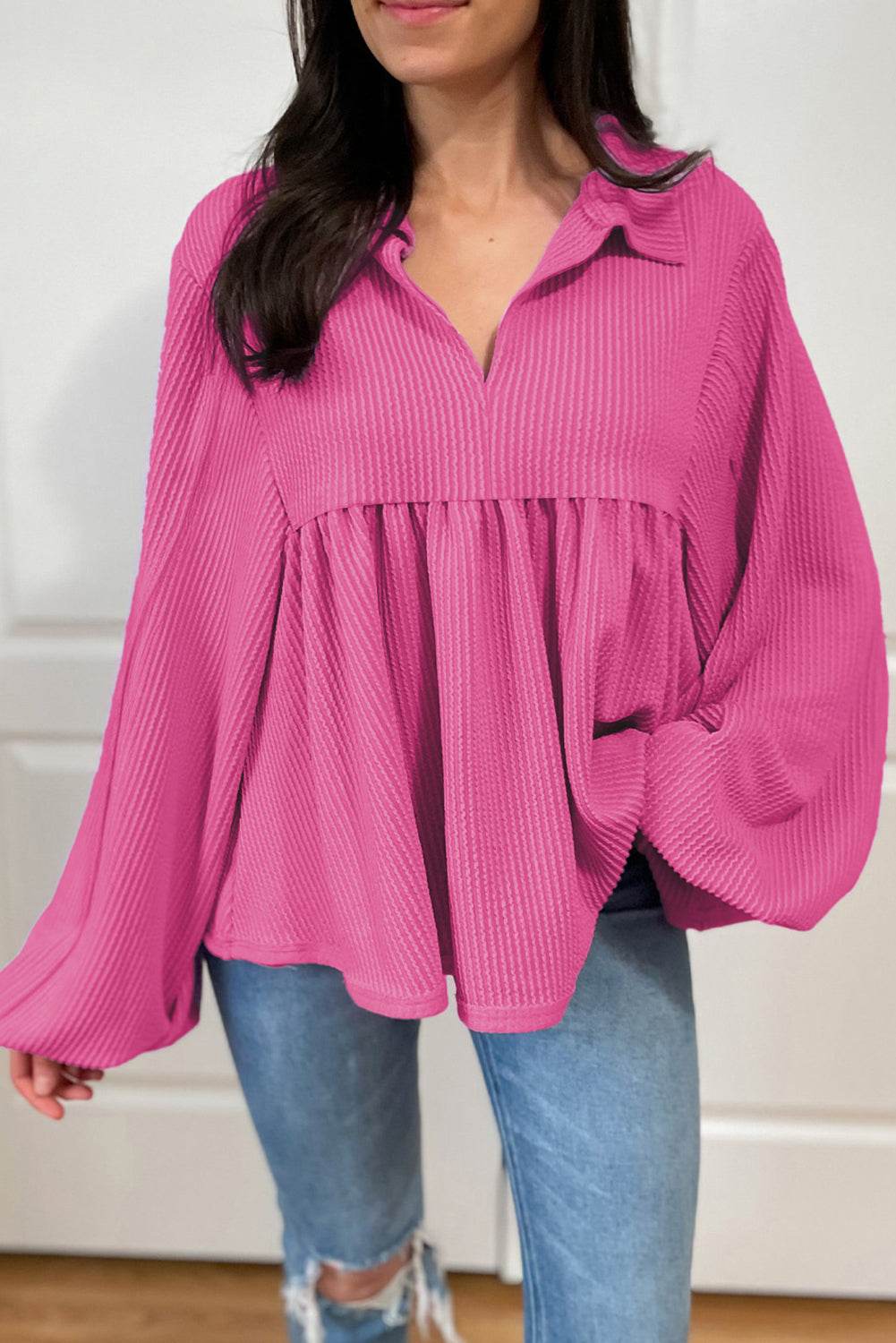 Corded Johnny Collar Long Sleeve Babydoll Blouse Hot Pink for a perfect OOTD – dress to impress outfits from Amexza