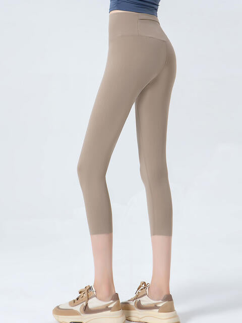 Wide Waistband Cropped Sports Leggings Beige for a perfect OOTD – dress to impress outfits from Amexza