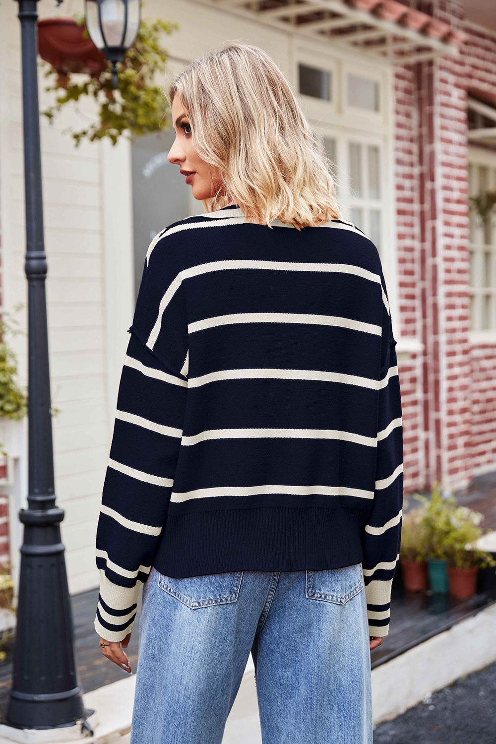 Striped Johnny Collar Sweater for a perfect OOTD – dress to impress outfits from Amexza
