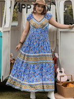 Plus Size Smocked Printed Cap Sleeve Dress - Amexza
