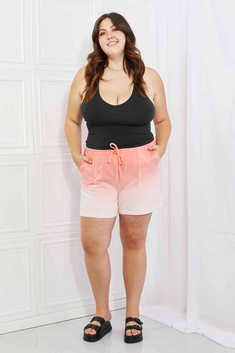 Zenana In The Zone Full Size Dip Dye High Waisted Shorts in Coral for a perfect OOTD – dress to impress outfits from Amexza