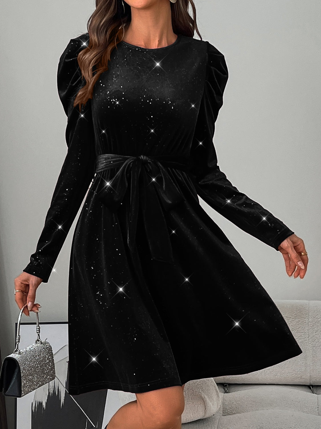 Glitter Round Neck Puff Sleeve Dress - Black / S