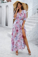 Devine Printed Tied Half Sleeve Slit Dress - Amexza