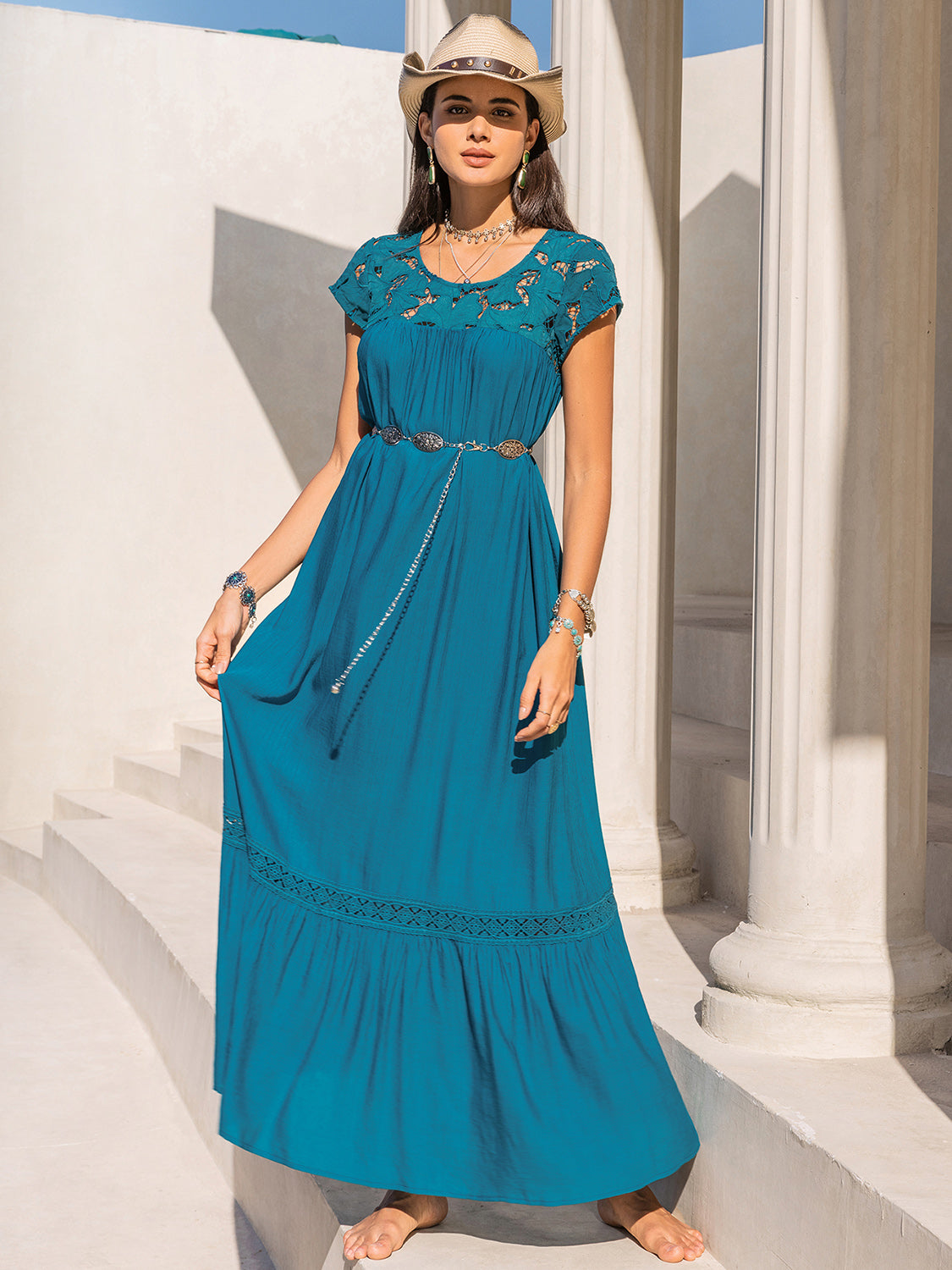 Round Neck Short Sleeve Maxi Dress - Sky Blue / S