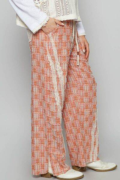 POL Lace Trim Drawstring Checkered Wide Leg Pants - Amexza