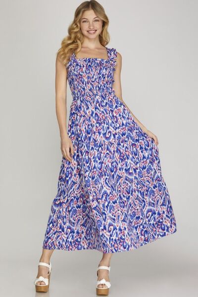 She + Sky Full Size Smocked Printed Wide Strap Tiered Dress Plus Size Royal Blue for a perfect OOTD – dress to impress outfits from Amexza