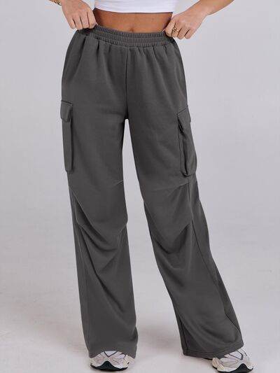 Elastic Waist Wide Leg Pants with Pockets Dark Gray for a perfect OOTD – dress to impress outfits from Amexza