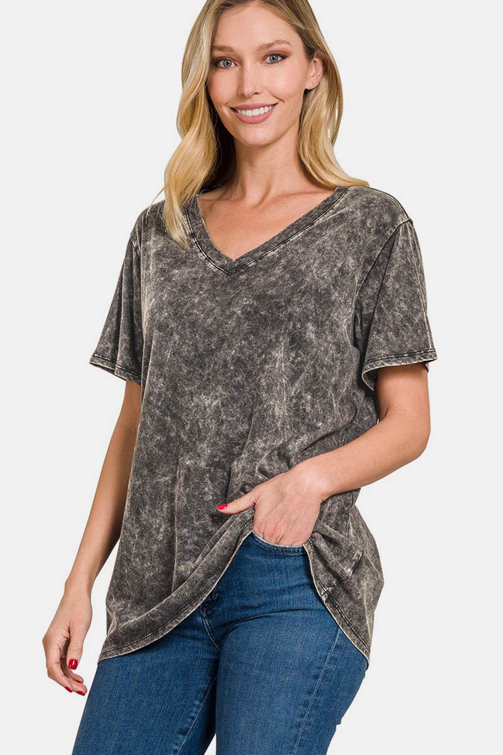 Zenana Full Size Washed Short Sleeve V-Neck T-Shirt for a perfect OOTD – dress to impress outfits from Amexza