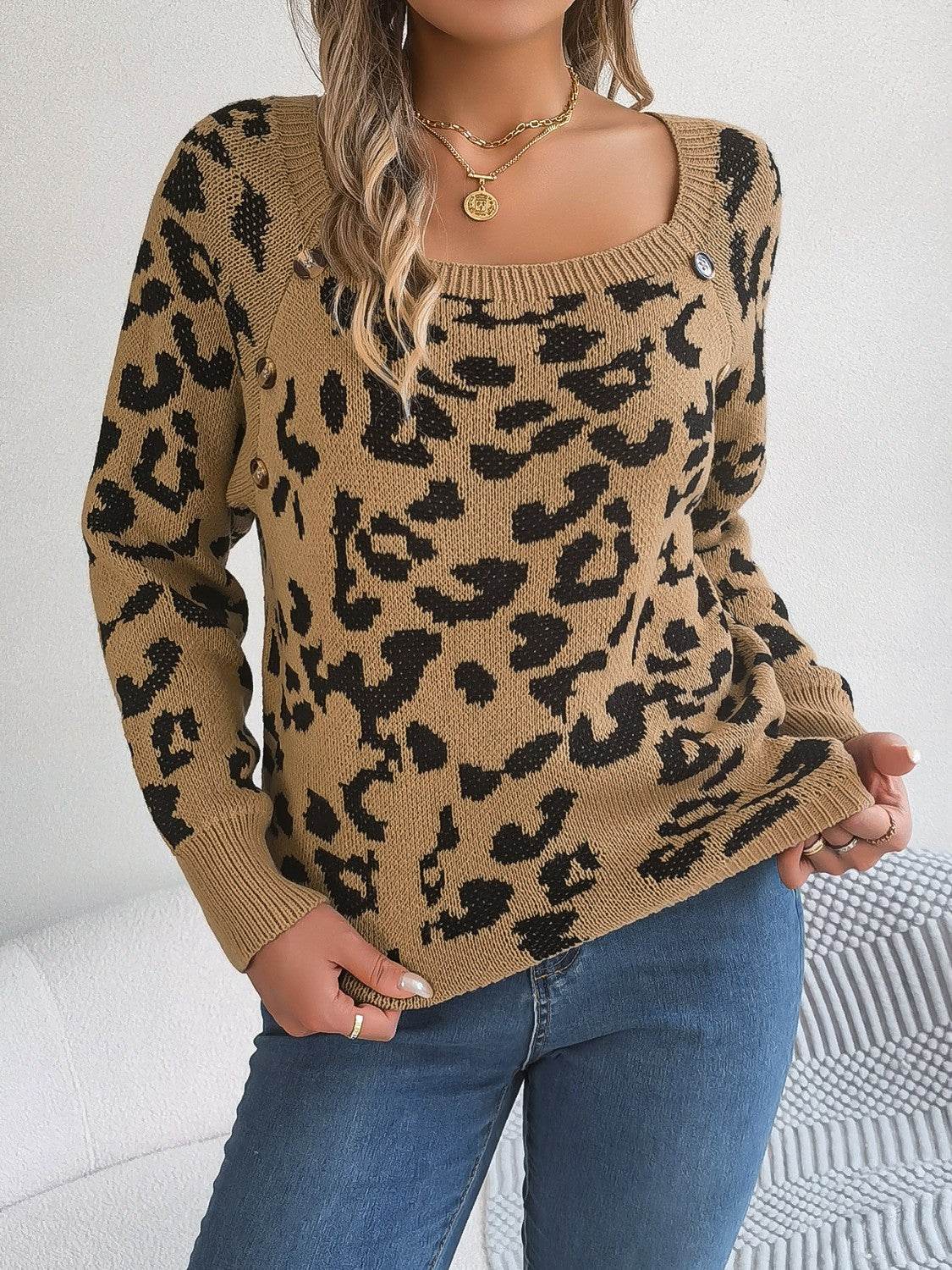 Leopard Buttoned Square Neck Sweater Khaki for a perfect OOTD – dress to impress outfits from Amexza