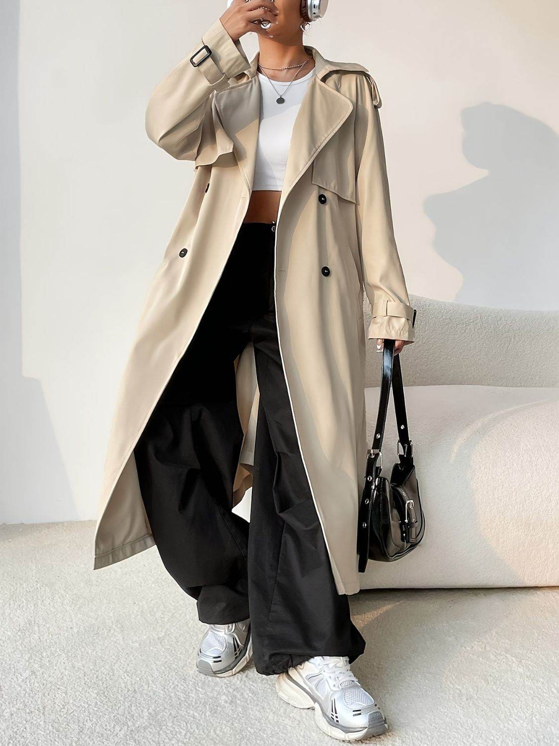 Collared Neck Long Sleeve Longline Trench Coat for a perfect OOTD – dress to impress outfits from Amexza