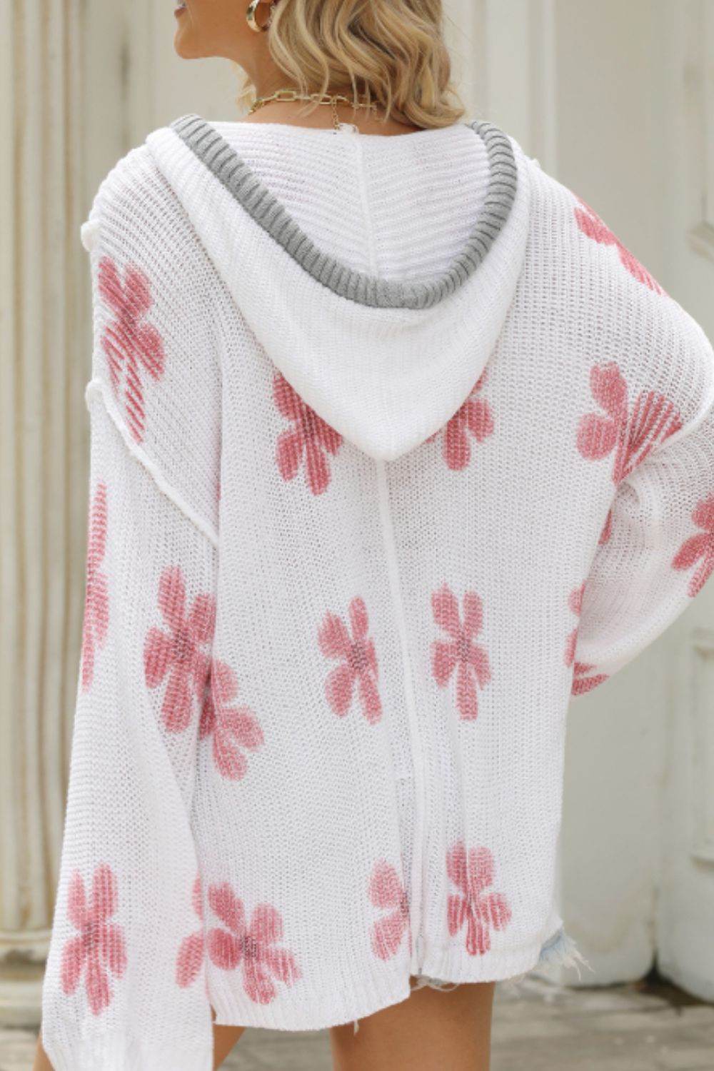 Drawstring Flower Hooded Knit Top - Amexza