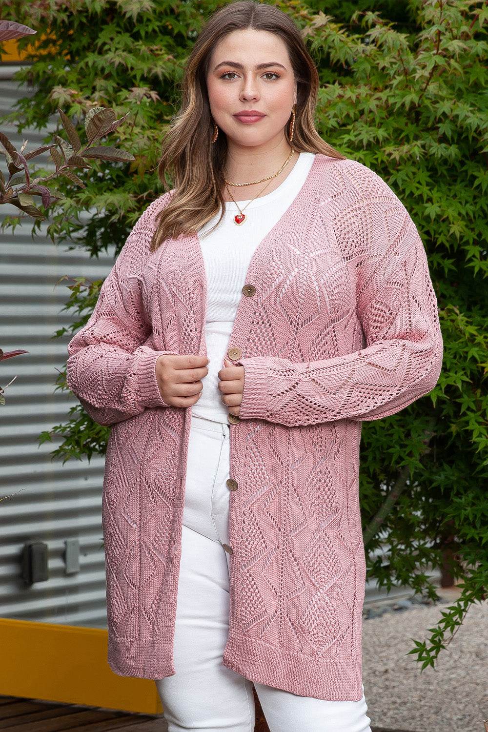 Plus Size Openwork V-Neck Long Sleeve Buttoned Cardigan Dusty Pink for a perfect OOTD – dress to impress outfits from Amexza