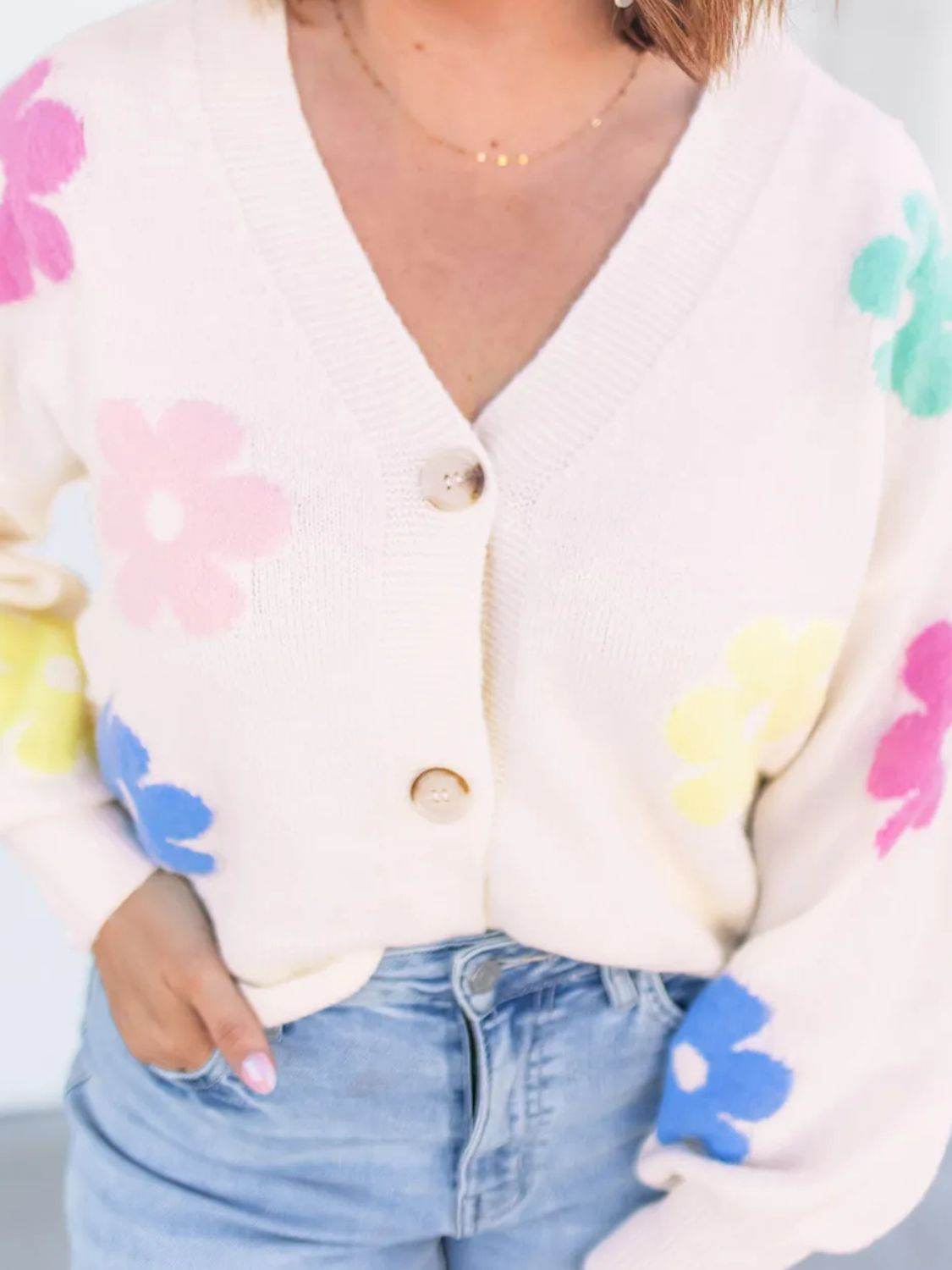 Plus Size Flower Button Up Long Sleeve Cardigan - Amexza