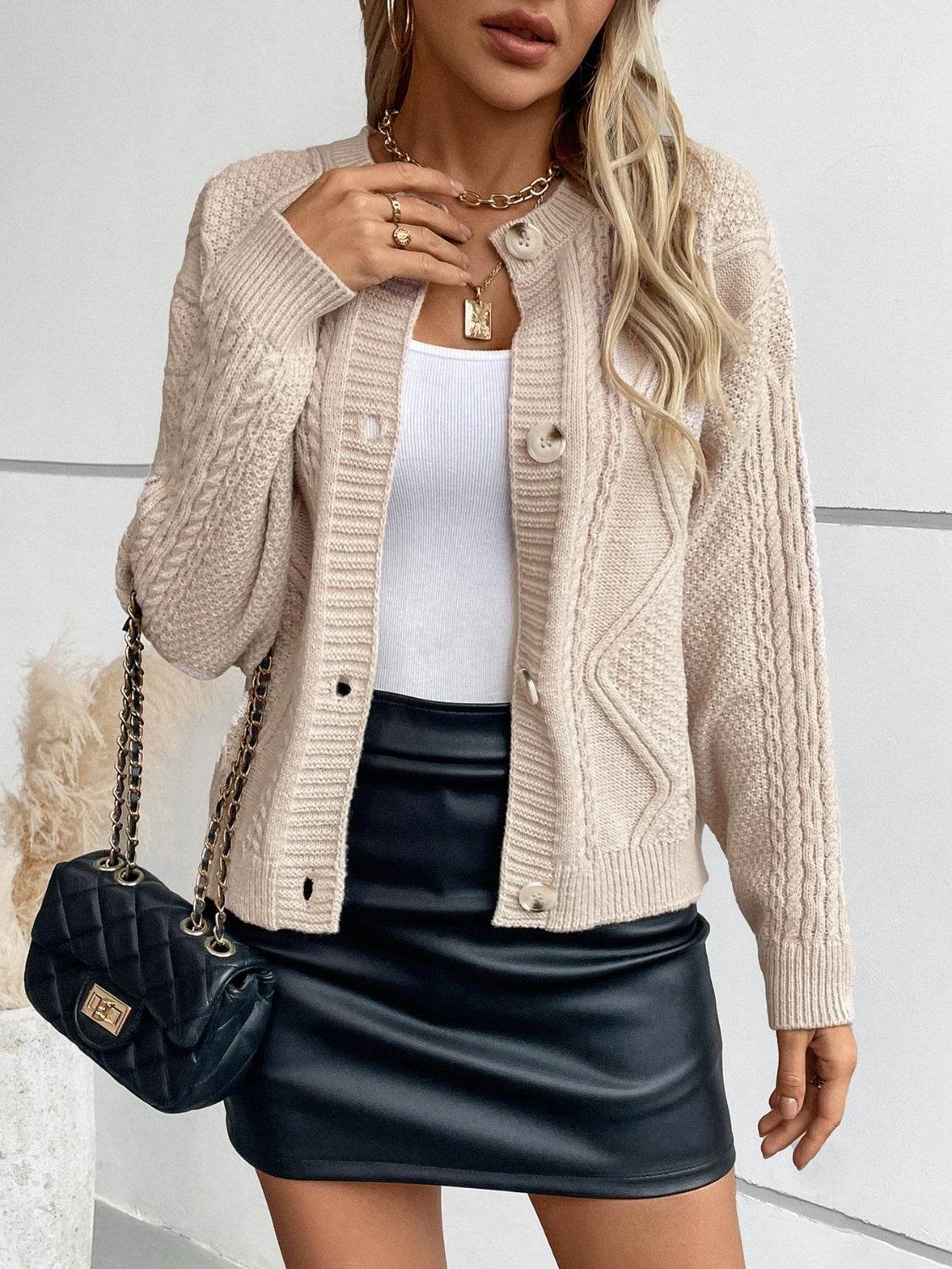 Cable-Knit Round Neck Button Up Cardigan for a perfect OOTD – dress to impress outfits from Amexza