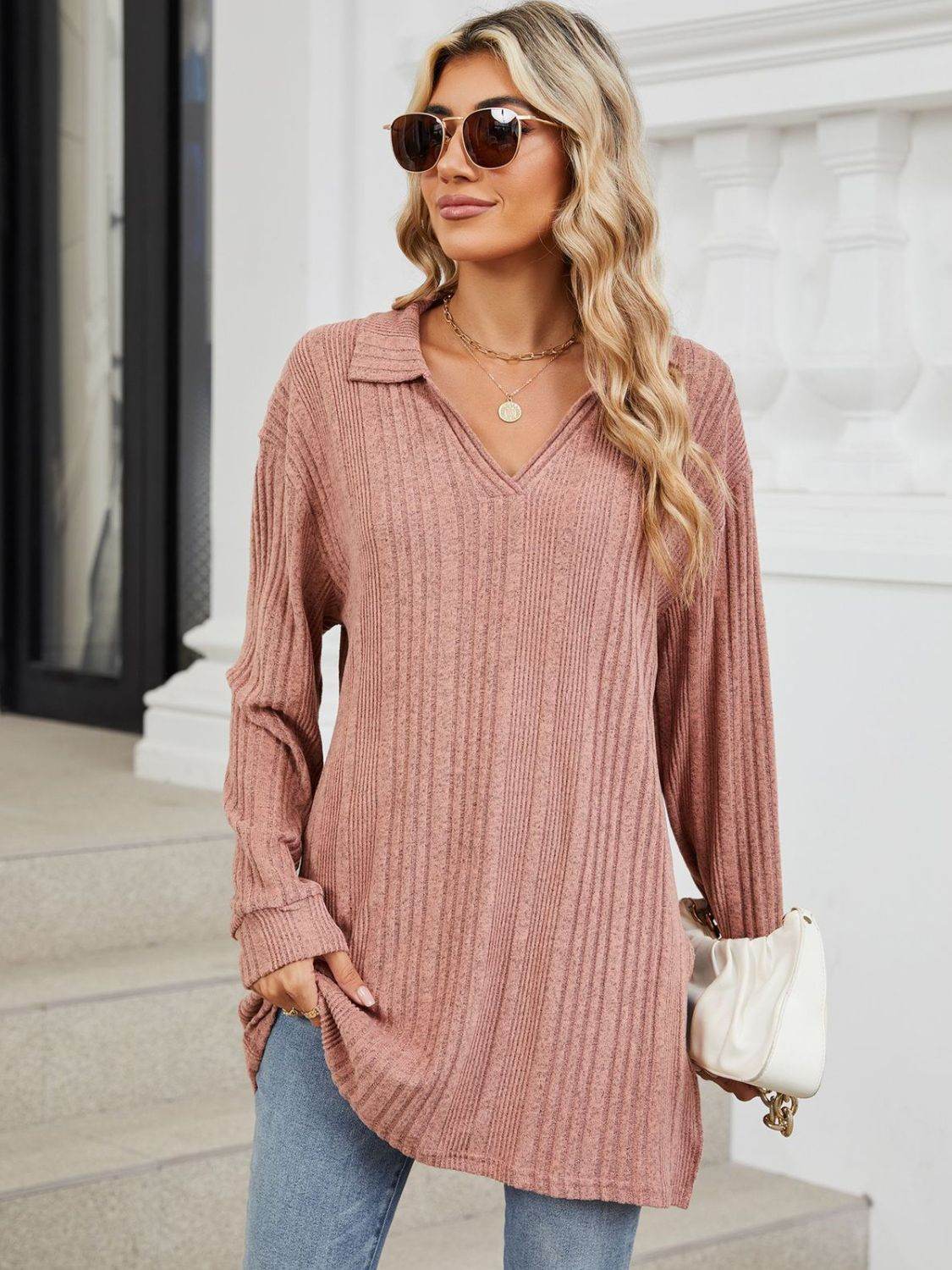 Slit Johnny Collar Long Sleeve T-Shirt for a perfect OOTD – dress to impress outfits from Amexza