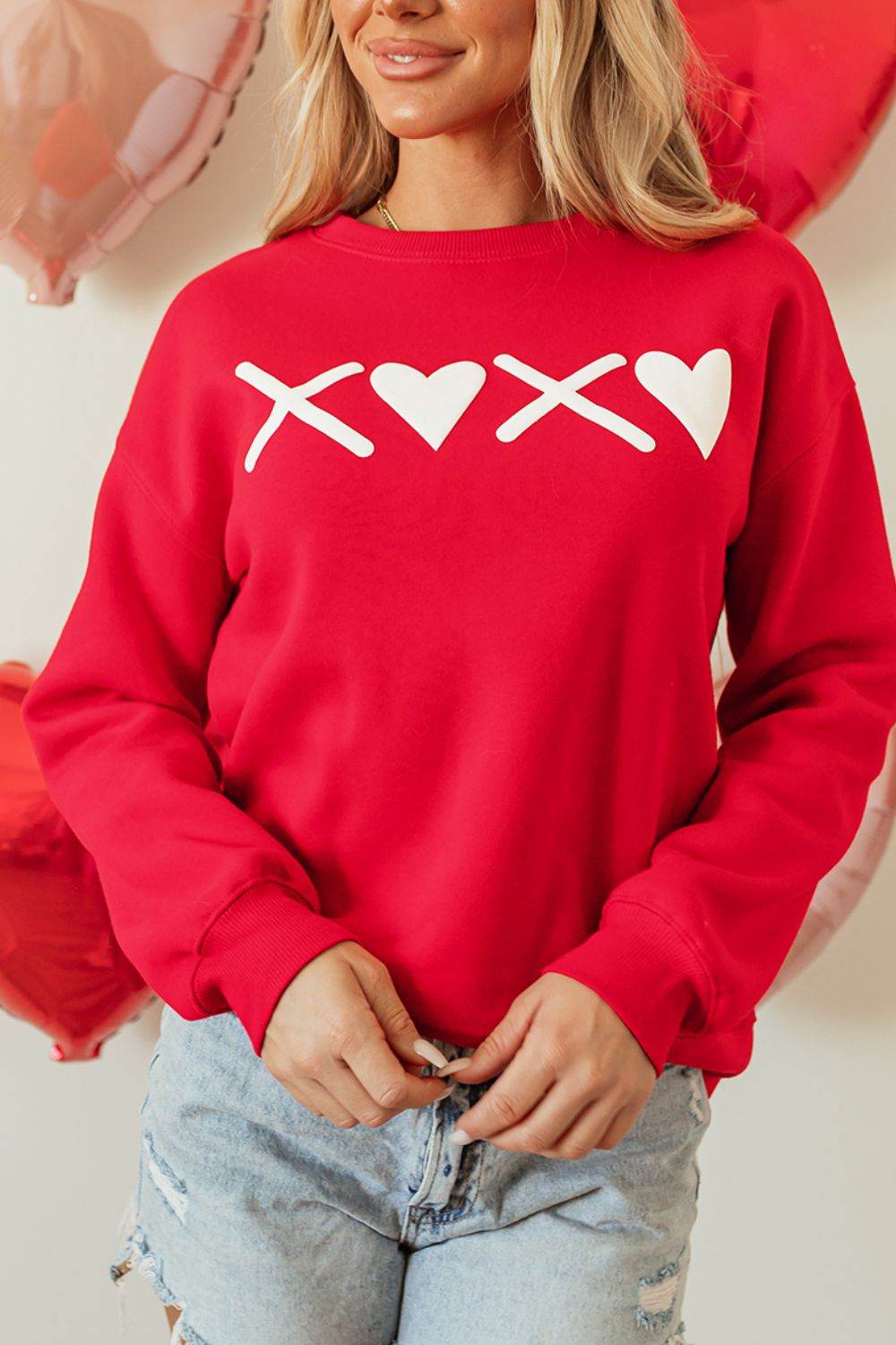 Valentine’s Day XOXO Round Neck Drop Shoulder Sweatshirt Red for a perfect OOTD – dress to impress outfits from Amexza