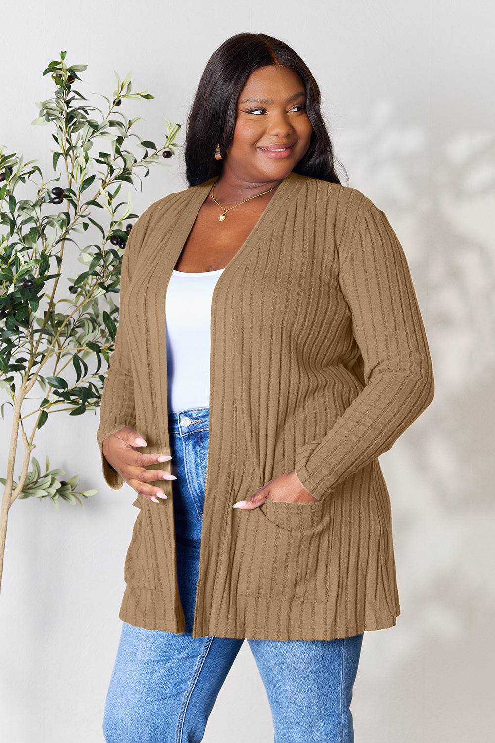 Basic Bae Full Size Ribbed Open Front Cardigan with Pockets for a perfect OOTD – dress to impress outfits from Amexza