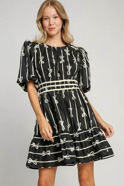 Umgee Ribbon Print Frill Contrast Velvet Trim Half Sleeve Dress for a perfect OOTD – dress to impress outfits from Amexza