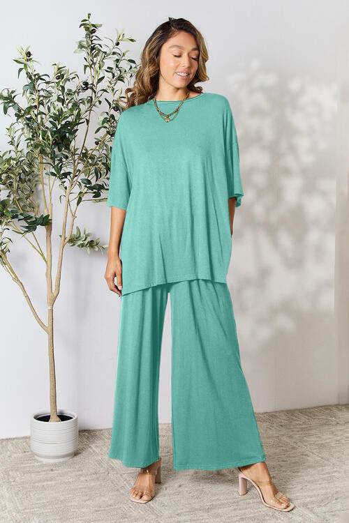 Double Take Full Size Round Neck Slit Top and Pants Set Teal for a perfect OOTD – dress to impress outfits from Amexza