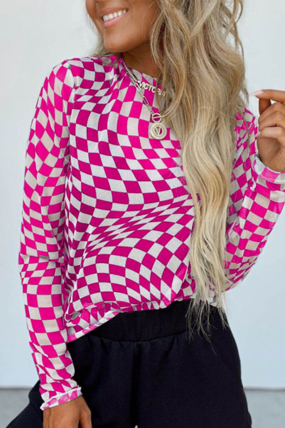 Checkered Mock Neck Long Sleeve Blouse for a perfect OOTD – dress to impress outfits from Amexza