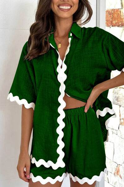 Contrast Trim Half Sleeve Top and Shorts Set Dark Green for a perfect OOTD – dress to impress outfits from Amexza