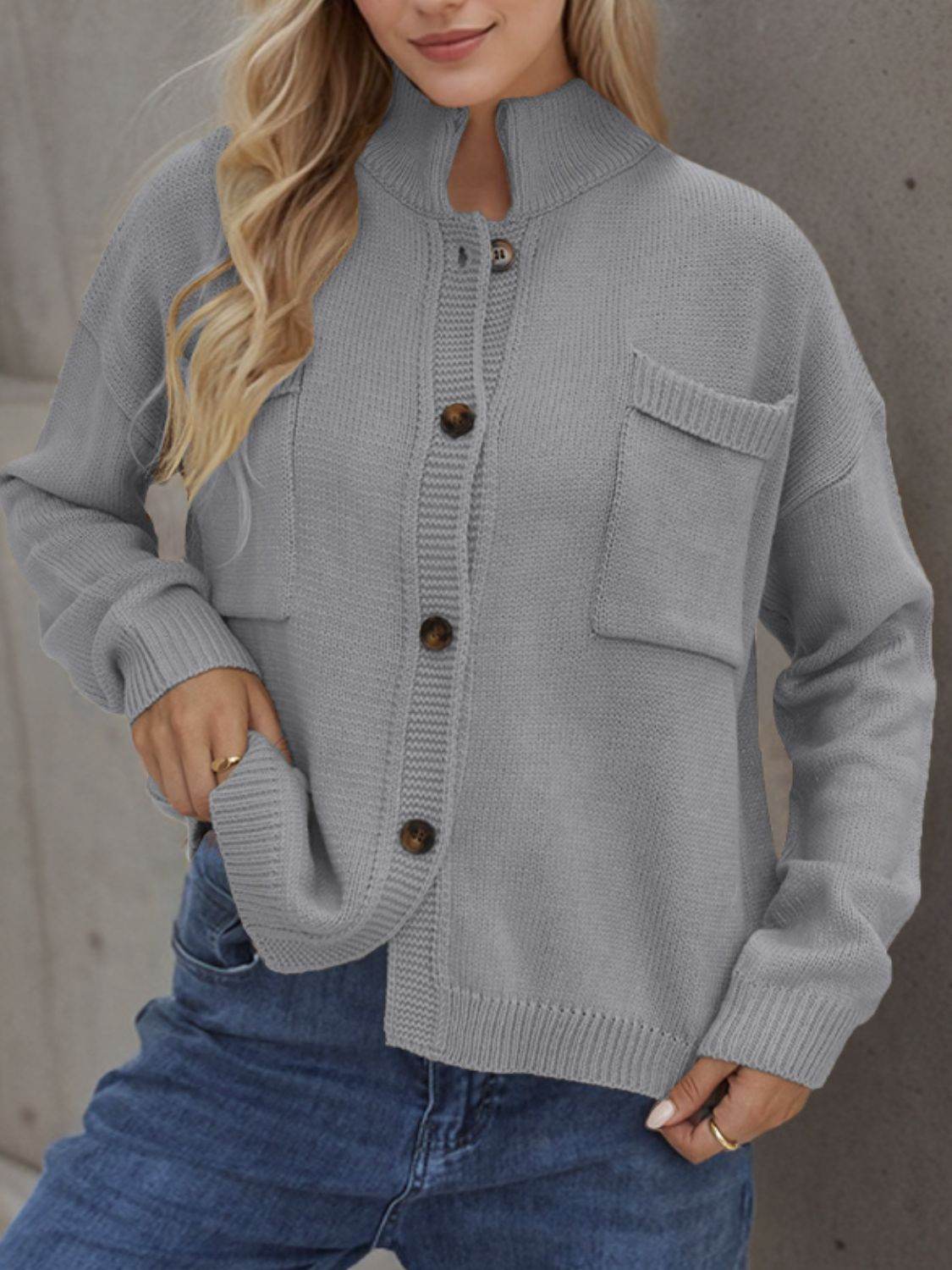 Button Up Long Sleeve Cardigan Gray for a perfect OOTD – dress to impress outfits from Amexza