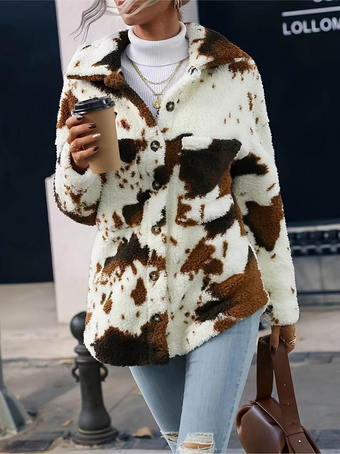 Cow Print Collared Neck Button Up Fuzzy Jacket for a perfect OOTD – dress to impress outfits from Amexza