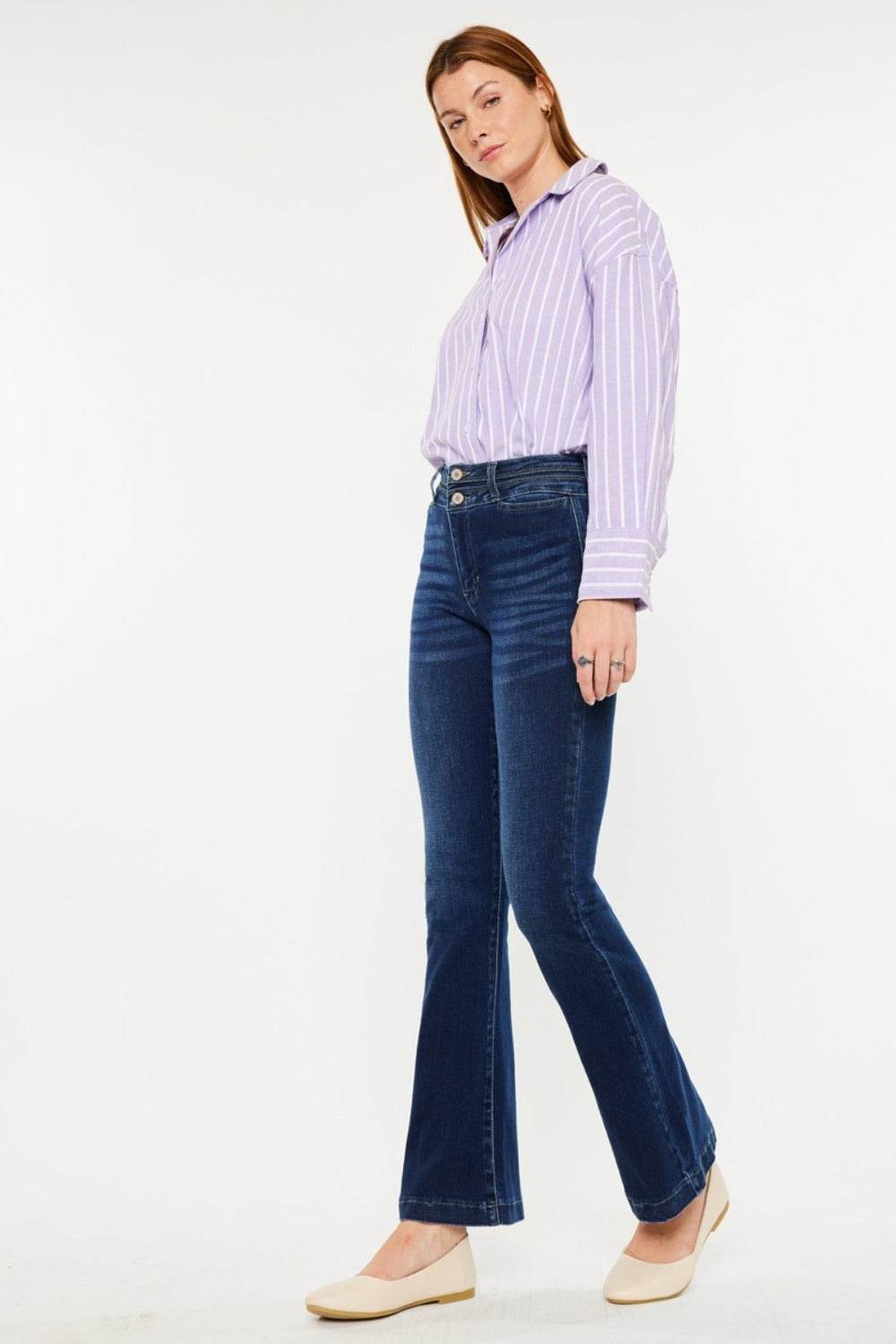 High Rise Double Waistband Flare Jeans - Amexza