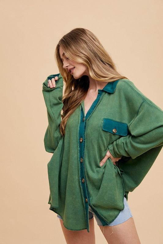 Annie Wear Waffle-Knit Mineral Washed Button Down Shirt Dark Green for a perfect OOTD – dress to impress outfits from Amexza