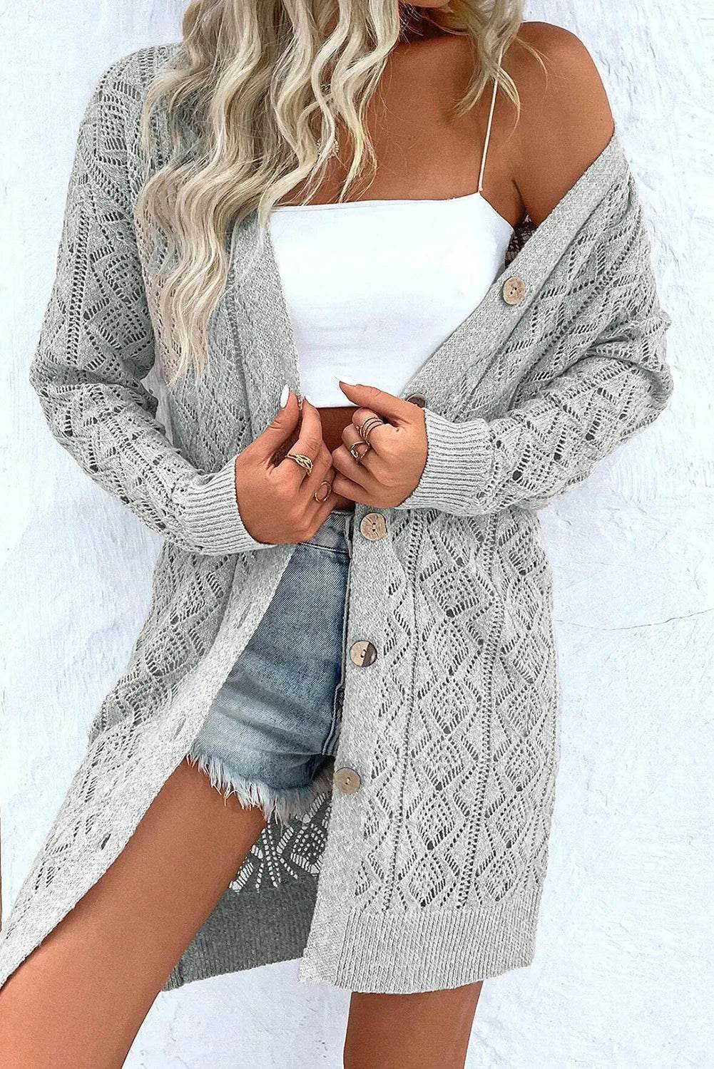 Openwork Button Down Long Sleeve Cardigan - Amexza