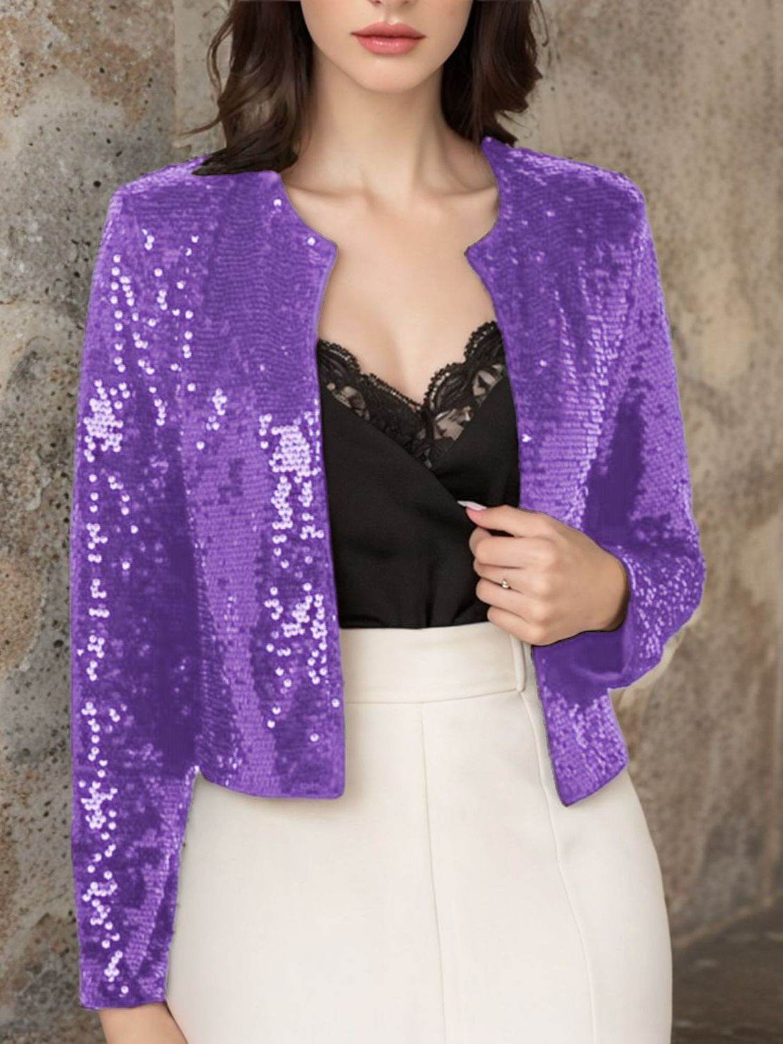 Full Size Sequin Open Front Cropped Jacket Purple for a perfect OOTD – dress to impress outfits from Amexza