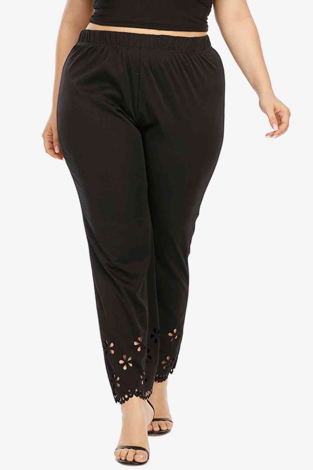 Plus Size Openwork Elastic Waist Pants Black for a perfect OOTD – dress to impress outfits from Amexza