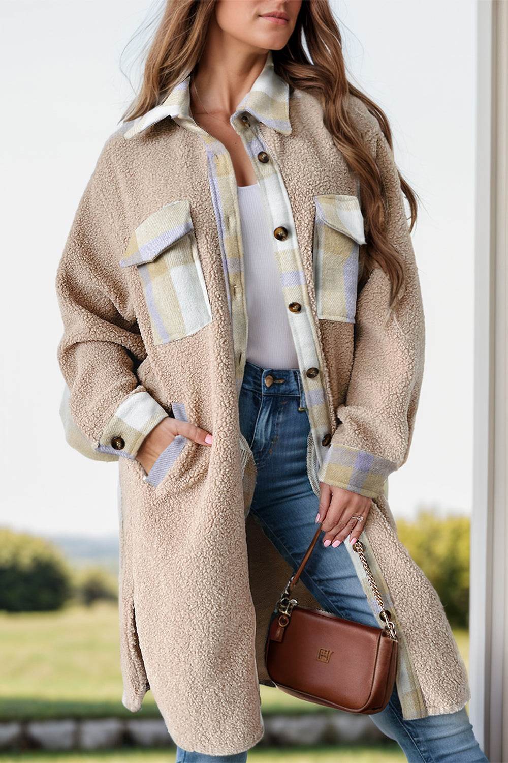 Slit Plaid Button Down Long Sleeve Coat Tan for a perfect OOTD – dress to impress outfits from Amexza