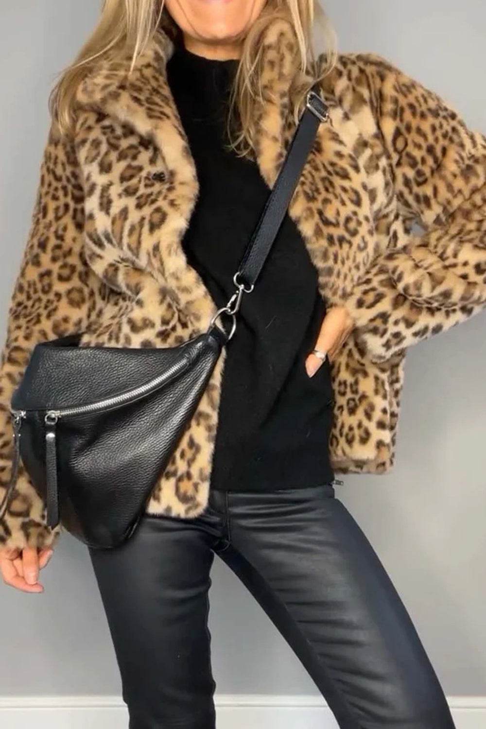 Full Size Leopard Furry Collared Neck Long Sleeve Coat - Amexza