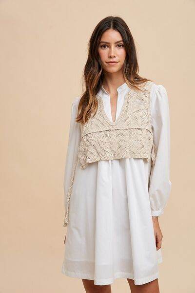 Annie Wear Crochet Vest Notched Long Sleeve Shirt Dress for a perfect OOTD – dress to impress outfits from Amexza