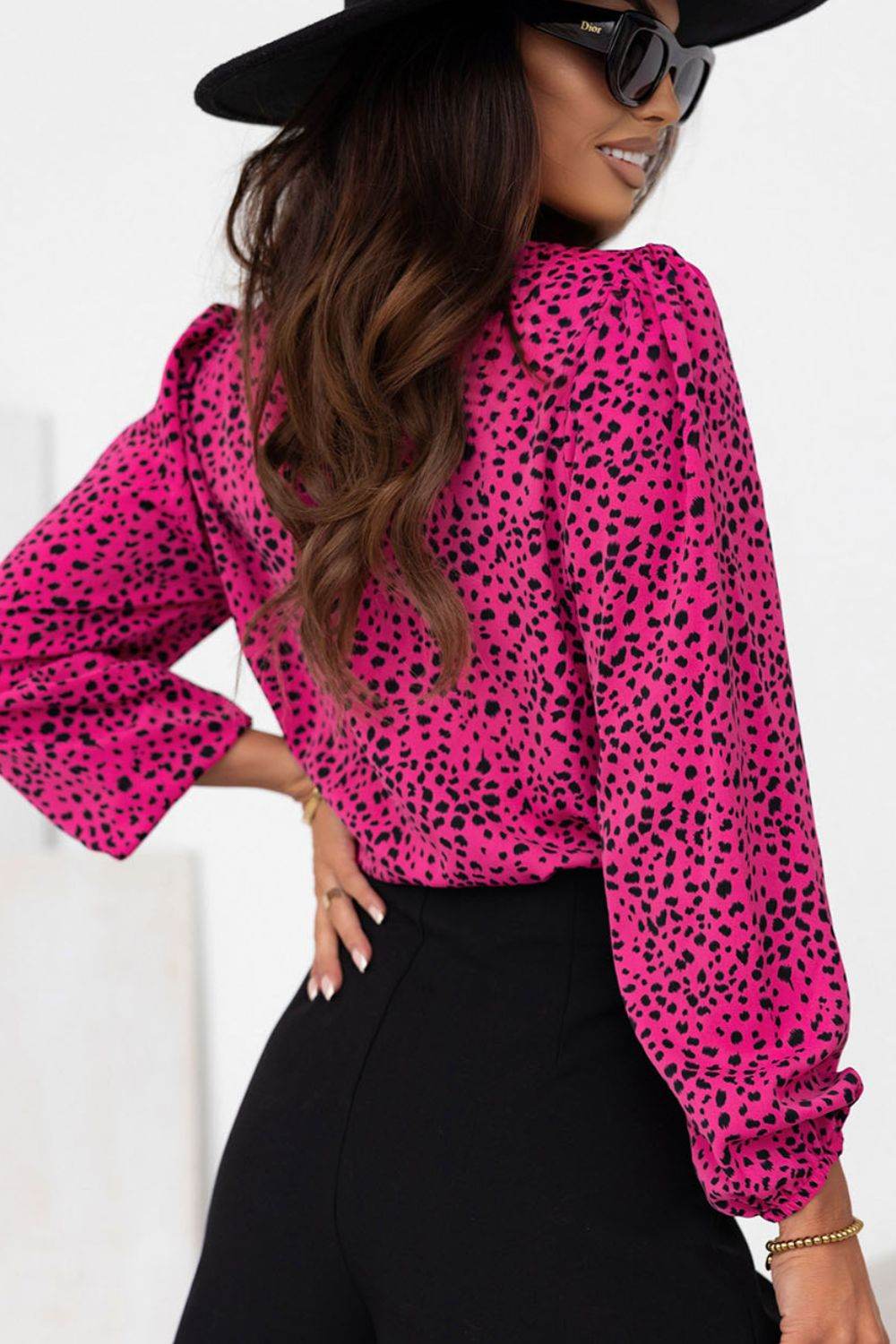 Leopard Round Neck Balloon Sleeve Blouse for a perfect OOTD – dress to impress outfits from Amexza