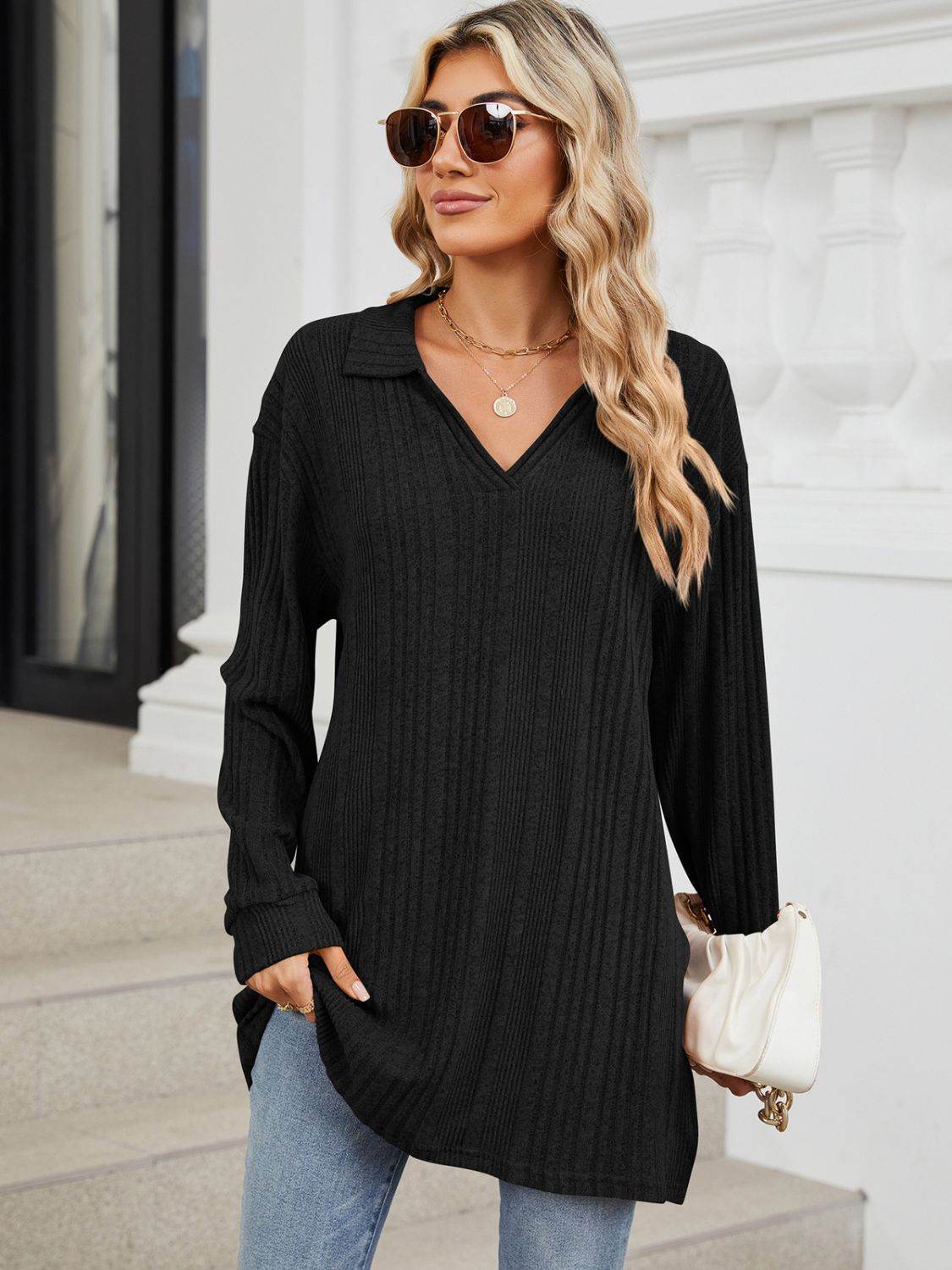 Slit Johnny Collar Long Sleeve T-Shirt Black for a perfect OOTD – dress to impress outfits from Amexza