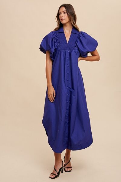 Annie Wear Smocked Puff Sleeve Midi Dress for a perfect OOTD – dress to impress outfits from Amexza