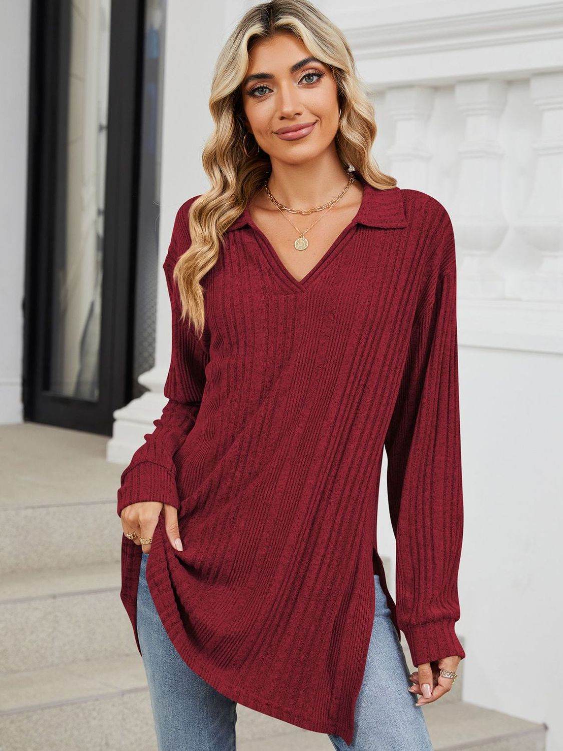 Slit Johnny Collar Long Sleeve T-Shirt Burgundy for a perfect OOTD – dress to impress outfits from Amexza