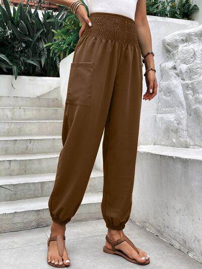 Smocked High Rise Joggers with Pockets Brown for a perfect OOTD – dress to impress outfits from Amexza