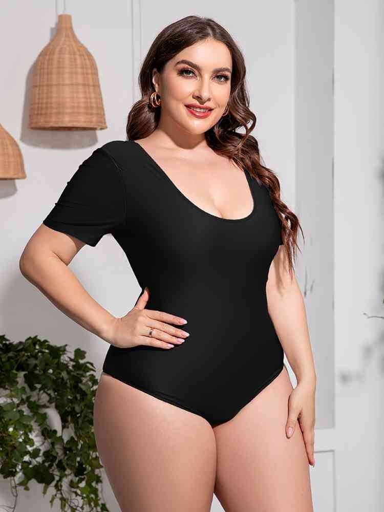 Plus Size Scoop Neck Short Sleeve One-Piece Swimsuit for a perfect OOTD – dress to impress outfits from Amexza