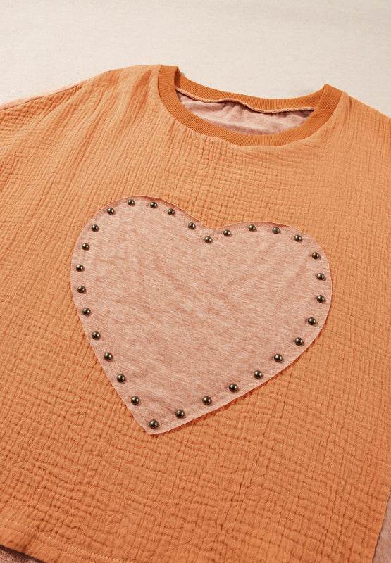 Stud Heart Patch Round Neck Short Sleeve T-Shirt for a perfect OOTD – dress to impress outfits from Amexza