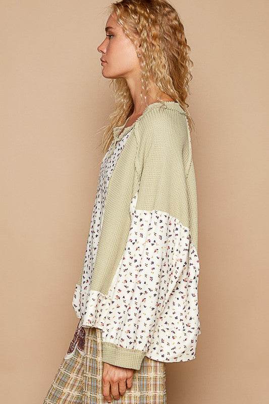 POL Waffle Knit Floral Notched Long Sleeve Top - Amexza