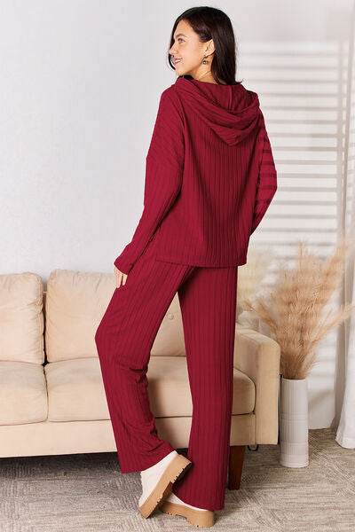 Basic Bae Full Size Ribbed Drawstring Hooded Top and Straight Pants Set for a perfect OOTD – dress to impress outfits from Amexza