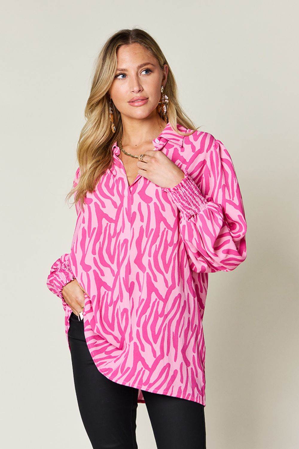 Double Take Full Size Printed Smocked Long Sleeve Blouse Deep Rose for a perfect OOTD – dress to impress outfits from Amexza