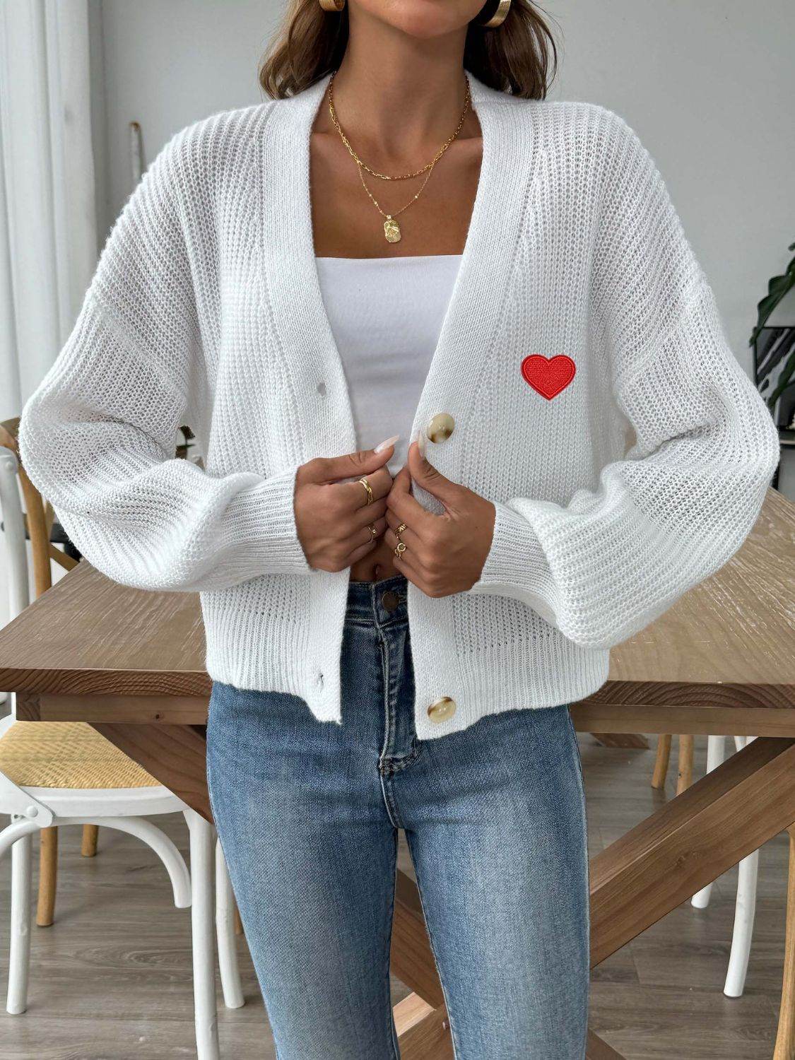 Heart Button Down V-Neck Long Sleeve Cardigan - Amexza