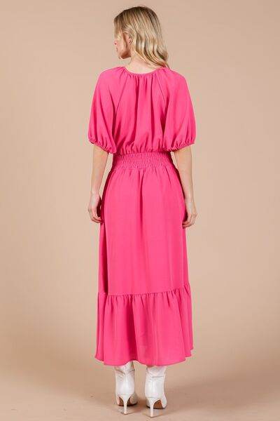 Ces Femme Smocked Elastic Waist Tie Neck Puff Sleeve Dress for a perfect OOTD – dress to impress outfits from Amexza